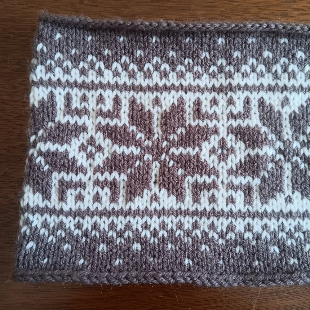 Handmade Handknit Taupe Brown & Ivory Scandinavian Snowflake Motif Cowl Scarf OS